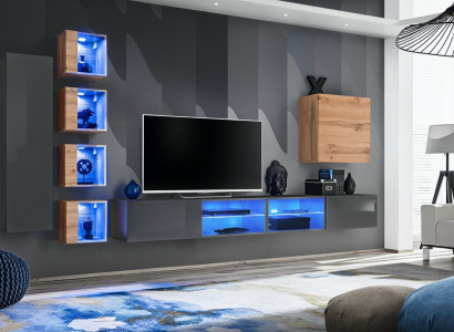 Wohnzimmer Wohnwand Grau Modern Möbel TV-Ständer Wandschrank Regale
